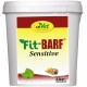 Weißer Kunststoffbehälter mit der Aufschrift 'Fit-BARF Sensitive' von cdVet, der 2 kg natürliches Tierfutter enthält, mit einer bunten Grafik der Zutaten.