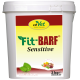 Weißer Kunststoffbehälter mit der Aufschrift 'Fit-BARF Sensitive' von cdVet, der 2 kg natürliches Tierfutter enthält, mit einer bunten Grafik der Zutaten.