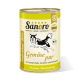 Dose Sanoro Hundefutter mit der Aufschrift "Gemüse pur" mit Süßkartoffeln, Karotten und Pastinaken. Mit einer Grafik eines springenden Hundes und "BIO"-Zertifizierung.