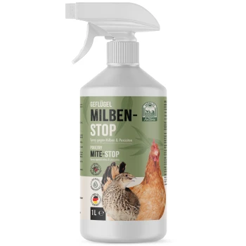 Poultry Mite-Stop Sprühflasche, 1 Liter, mit Bildern einer Henne und einer Wachtel, mit Texten in Deutsch und Englisch über Milben- und Parasitenkontrolle.