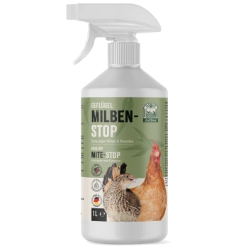 Poultry Mite-Stop Sprühflasche, 1 Liter, mit Bildern einer Henne und einer Wachtel, mit Texten in Deutsch und Englisch über Milben- und Parasitenkontrolle.
