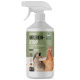 Poultry Mite-Stop Sprühflasche, 1 Liter, mit Bildern einer Henne und einer Wachtel, mit Texten in Deutsch und Englisch über Milben- und Parasitenkontrolle.