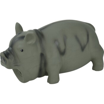 Olive-green pig-shaped rubber dog toy with black spray-stripe markings and squeaker hole in snout.