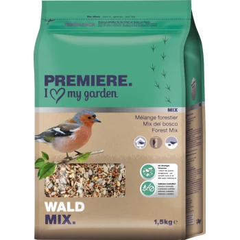 A 1.5 kg bag of "Wald Mix" bird food featuring a colorful finch on the front, with text stating "PREMIERE. I ❤️ my garden" and "Forest Mix."