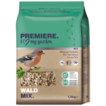 Eine 1,5 kg Tüte "Wald Mix" Vogelfutter mit einem bunten Fink auf der Vorderseite, mit dem Text "PREMIERE. I ❤️ meinen Garten" und "Wald Mix."