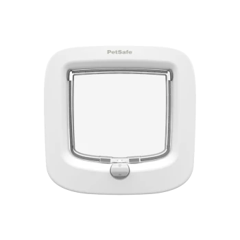 Porte pour animaux de compagnie PetSafe blanche avec un clapet transparent, conçue pour un accès facile pour les animaux.