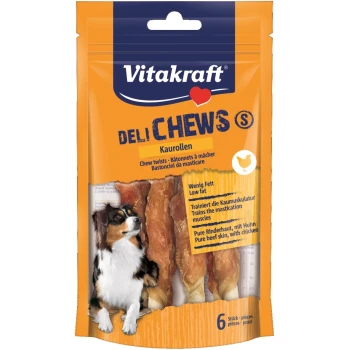 Emballage de Vitakraft Deli Chews avec des torsades à mâcher pour chiens, avec une image d'un chien et un texte mettant en avant faible en gras et ingrédients.