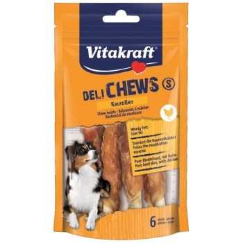 Vitakraft Deli Chews Verpackung mit Kaustangen für Hunde, mit einem Bild eines Hundes und Text, der fettarm und die Zutaten hervorhebt.