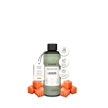 Flasche Alphazoo Lachsöl für Haustiere mit Lachsstücken, beschriftet mit Omega 3, aus Norwegen, expertenentwickelt und hoch bewertet.