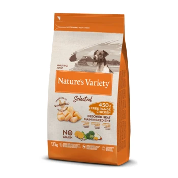 Hondenvoerzak van Nature's Variety, met 'Selected' formule met 450g scharrelkip, ontbeend vlees als hoofdingrediënt, en 'No Grain' label.