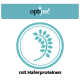Logo von "optipet" mit einem kreisförmigen Design und einem Blattmotiv, begleitet von dem Text "mit Haferproteinen" darunter.