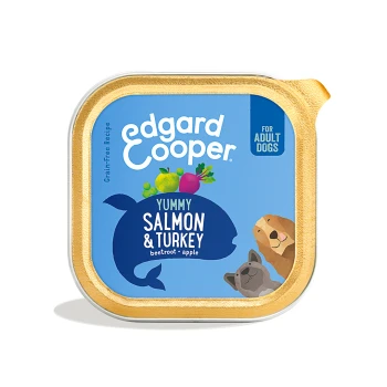 Edgard Cooper Yummy Salmon & Turkey wet dog food for adult dogs, grain-free, with beetroot and apple.