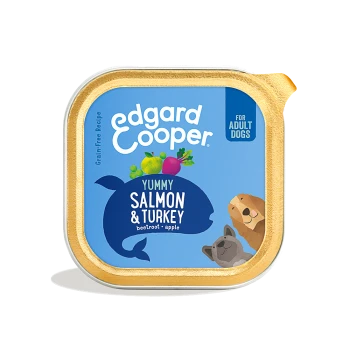 Edgard Cooper Yummy Salmon & Turkey wet dog food for adult dogs, grain-free, with beetroot and apple.