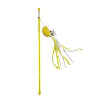 Yellow cat teaser wand toy with lemon slice plush and dangling ribbons, labeled "FITFURT."