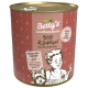 Dose mit Betty's Landhausküche Hundefutter mit Wild, Geflügel und Preiselbeeren. Etikett liest "Extra viel Fleisch" und "ohne" Zusatzstoffe.
