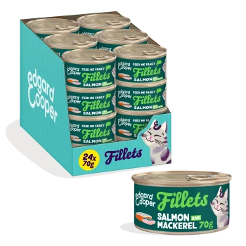 Edgard Cooper Fillets cat display: multiple 70g salmon & mackerel cans, single can shown, teal box with illustrated cat.