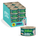 Edgard Cooper Fillets cat display: multiple 70g salmon & mackerel cans, single can shown, teal box with illustrated cat.
