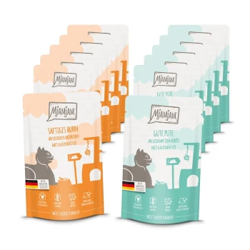 Zwei Mjamjam Katzenfutterbeutel: "Saftiges Huhn" (orange) und "Gute Pute" (türkis), mit einer Katzensilhouette und Qualitätsikonen.