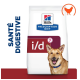 Régime alimentaire sur ordonnance Hill's i/d pour chiens, présentant un chien souriant sur le sac, avec le texte 'SANTÉ DIGESTIVE' et une icône de poulet.