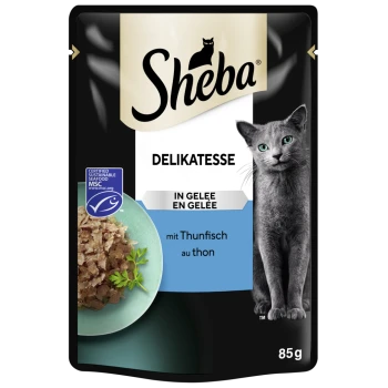 Sheba Katzenfutterbeutel mit einer grauen Katze, beschriftet mit "Delikatessen in Gelee" mit Thunfisch und einer Schüssel mit Thunfischflocken mit Kräutern.