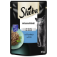 Pochette de nourriture pour chats Sheba avec un chat gris, étiquetée 'Delikatessen in Gelee' avec du thon, et un bol de flocons de thon avec des herbes.
