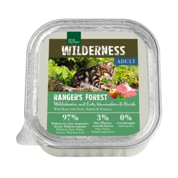 Katzenfutterverpackung mit einer getigerten Katze und einem Stück Fleisch, beschriftet mit "Ranger's Forest" mit 97 % Fleischanteil und ohne zugesetzte Körner.