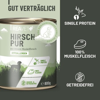 Dosen-Hundefutter mit der Aufschrift "HIRSCH PUR", mit einem Hirschgrafik, hebt hypoallergen, ein Protein und 100% Muskelfleisch hervor.