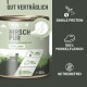 Dosen-Hundefutter mit der Aufschrift "HIRSCH PUR", mit einem Hirschgrafik, hebt hypoallergen, ein Protein und 100% Muskelfleisch hervor.