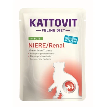 Kattovit Feline Diet Beutel für Katzen, beschriftet mit "Niere/Renal" mit Truthahn, hebt reduzierte Phosphor- und Proteingehalte für die Nierengesundheit hervor.