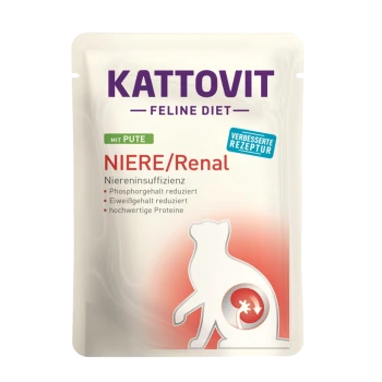 Kattovit Feline Diet Beutel für Katzen, beschriftet mit "Niere/Renal" mit Truthahn, hebt reduzierte Phosphor- und Proteingehalte für die Nierengesundheit hervor.