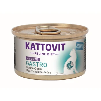 Kattovit Feline Diet Dosenfutter für Katzen mit Ente, gekennzeichnet mit "Gastro" für die Verdauungsgesundheit, mit einer Katzensilhouette und Nährstoffdetails.