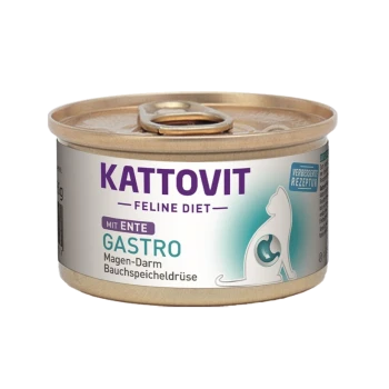 Kattovit Feline Diet Dosenfutter für Katzen mit Ente, gekennzeichnet mit "Gastro" für die Verdauungsgesundheit, mit einer Katzensilhouette und Nährstoffdetails.