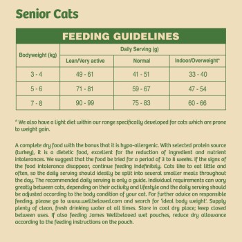 Feeding guidelines for senior cats, detailing daily serving sizes based on bodyweight and activity level, with hypoallergenic food benefits.
