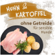 Huhn und Kartoffel ohne Getreide für sensible Hunde, mit einem ganzen Huhn, zwei Kartoffeln und frischem Rosmarin auf einem dunklen Hintergrund.