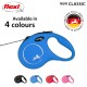 Blue retractable dog leash with black and white cord, shown with black, red, and pink versions. Text: "Available in 4 colours" and "NEW CLASSIC."
