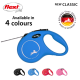 Blue retractable dog leash with black and white cord, shown with black, red, and pink versions. Text: "Available in 4 colours" and "NEW CLASSIC."