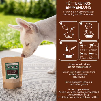 Ein neugieriger weißer Welpe schnüffelt an einem Beutel Ulmenrinde Pulver auf einem gemusterten Außenbereich, der Dosierungsanweisungen für Hunde und Katzen zeigt.