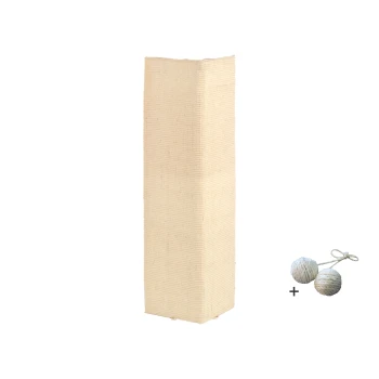 ® Kratzecke , mit Gratis-Spielball, Ein hoher, beiger Kratzbaum für Katzen mit einer strukturierten Oberfläche, begleitet von zwei kleinen, runden, zusammengebundenen Seilbällen.