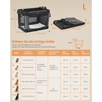 Transportbox für Haustiere, beschriftet mit "M" (76,2 x 53,4 x 53,4 cm), zusammenklappbar, für Haustiere bis zu 66 cm hoch, 43 cm lang, 25 kg. Text auf Deutsch.