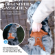 Eine Person hält ein Hundegeschirr mit reflektierendem Design, das den Text "Sorgenfreies Gassigehen" und "Bequemer Griff für sofortige Kontrolle" zeigt.