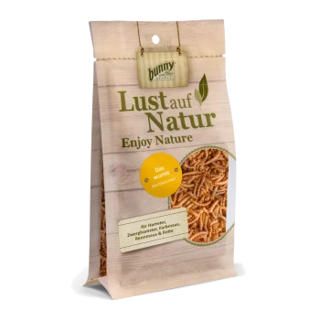 Eine Tüte mit Haustierfutter der Marke Bunny, beschriftet mit "Lust auf Natur" (Genieße die Natur), die Mehlwürmer enthält, geeignet für Hamster, Zwerghamster, Wüstenrennmäuse und Ratten.