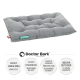 Graues Haustierbett von Doctor Bark, mit gepolstertem Design, mit Text, der Haltbarkeit, Waschbarkeit und allergiefreundlichen Materialien hervorhebt.