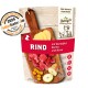 Hundfutterverpackung mit Rindfleisch, Kartoffeln, Kürbis und Birne. Der Text hebt 'RIND', 'Erwachsene Hunde' und Qualitätszertifikate hervor.