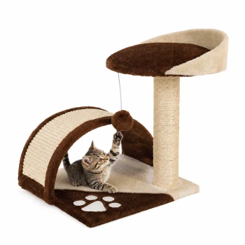 Katzenbaum mit einem gemütlichen oberen Platz, Kratzbaum und Tunnel, mit einem Pfotenabdruckdesign an der Basis.