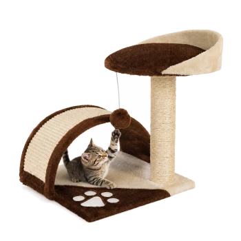 Katzenbaum mit einem gemütlichen oberen Platz, Kratzbaum und Tunnel, mit einem Pfotenabdruckdesign an der Basis.