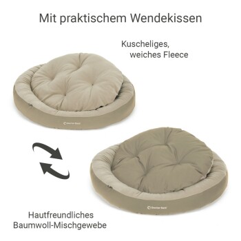 Runder Hundebett in Beige, beschriftet mit "Doctor Bark," mit den Abmessungen 80/70 cm und 60/50 cm, geeignet für Französische Bulldoggen, Malteser, Whippets.
