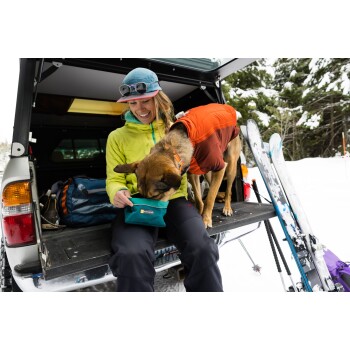 Eine Person in einer gelben Jacke sitzt auf einem Truck und füttert einen braunen Hund in einem orangefarbenen Mantel aus einem blauen Sack, mit schneebedeckten Bäumen im Hintergrund.
