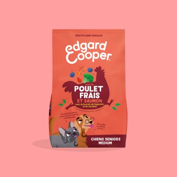 Sac orange de nourriture pour chiens Edgard Cooper portant la mention « Poulet Frais et Saumon » (poulet frais et saumon) et « Chiens Seniors Medium »