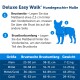 Infografik für die Maße des "Deluxe Easy Walk" Hundegeschirrs, die Brustbreite und Umfang mit einer Größentabelle für kleine bis große Hunde detailliert.