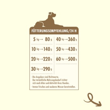 Fütterungsempfehlungen für Hunde, die tägliche Futtermengen basierend auf dem Gewicht zeigen, mit einer Silhouette eines Hundes oben.